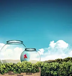 地产广告 房地产广告 广告 报纸广告 广告设计 房地产 楼盘 蓝天 白云 鱼缸 金鱼 透明 明快 红砖 红砖墙壁 树丛 绿树 悠远 幸福 时光 城市  阳光 空气 风景优美 广告语 平面广告 PSD分层素材 源文件 136DPI PSD 300DPI
