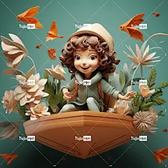 可爱的3D泥雕塑，一个可爱的小女孩在纸飞机上快乐地在空中飞行