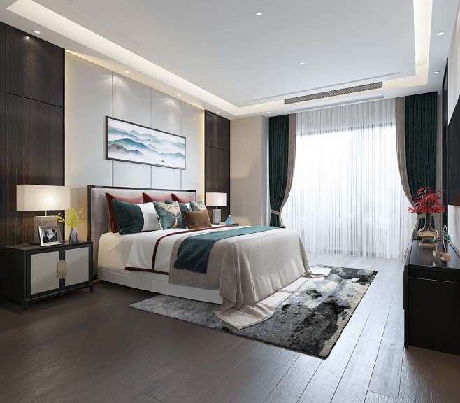 新中式卧室，max2011灯光材质齐全-...