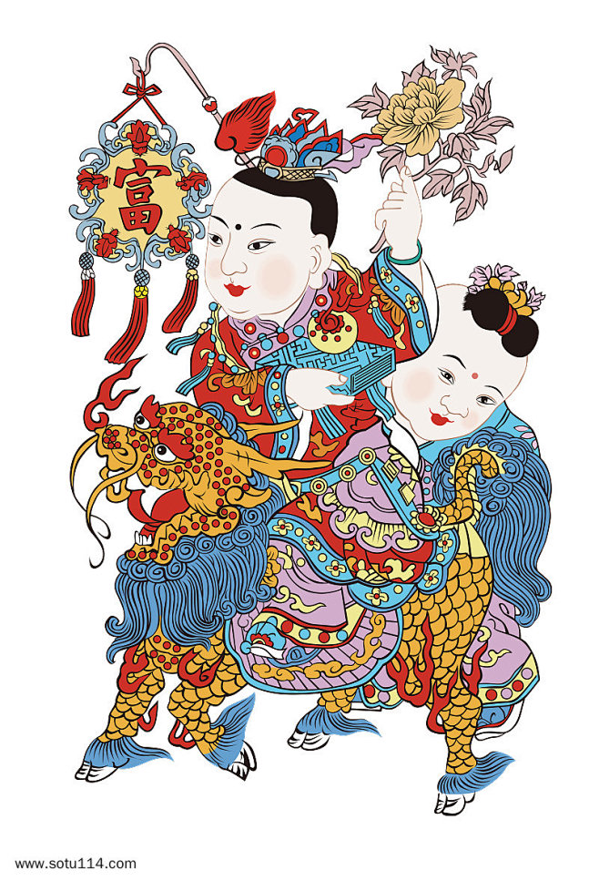 彩色吉祥人物富贵年画娃娃