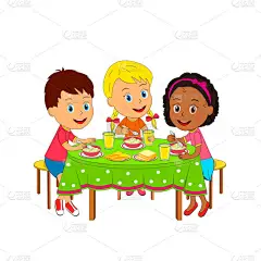 孩子们, 男孩和女孩坐在餐桌旁吃饭, 插画, 矢量
