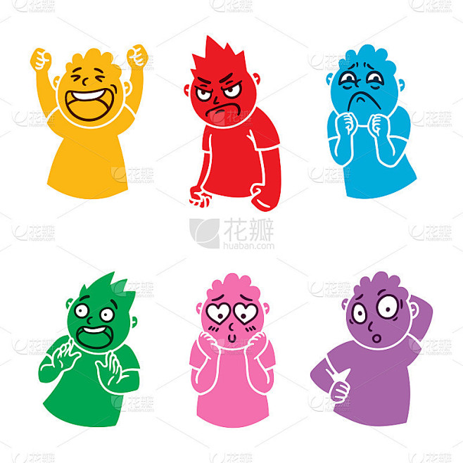 圆脸抽象，有不同的情绪。开心，愤怒，质疑，害怕，悲伤，坠入爱河的表情化身。卡通风格。平面设计矢量插图