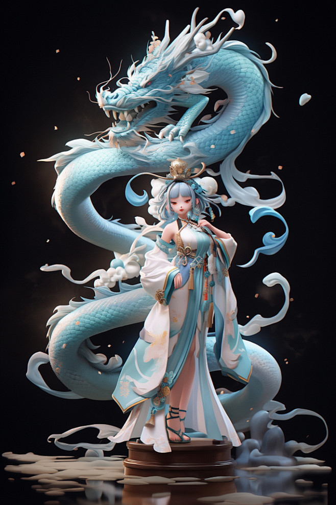 青色卡通龙中国龙元素图片3d卡通龙