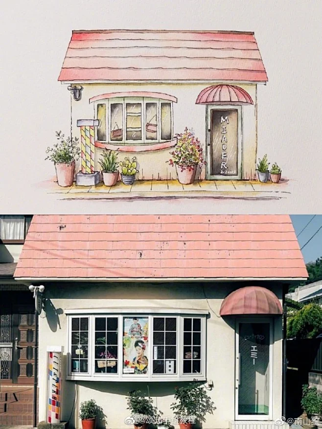 #画画干货# 一组钢笔淡彩小房子手绘作品和素材对比图，画画不只是画眼里看到的，更是画心里想到的。愿你所见所想皆是风景。作者：南山绘 -花瓣网