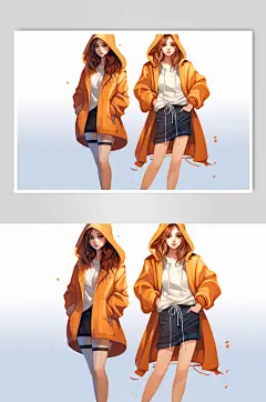 AI数字艺术时尚冬装闺蜜女孩卡通插画