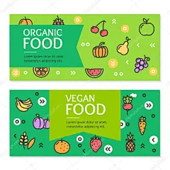 有机素食食品传单横幅海报卡集的概念生态营养。矢量图