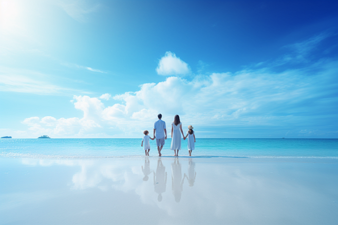 夏日海边旅行家庭亲子背影人物摄影图