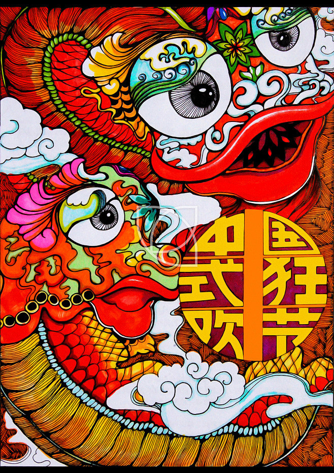 【醒狮贺年】插画，节日，中国风，新年，春...