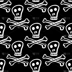 白色轮廓的头骨和骨骼孤立在黑色的背景上。可爱的卡通无缝图案。手绘矢量图形插图。纹理。