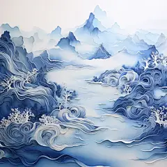 传统的青花瓷风格水墨风景画。该画以山和驱动器为主题，山脉起伏-图巨人