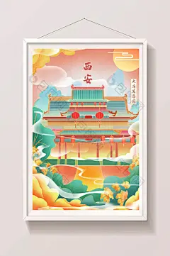 【西安大唐芙蓉园新年古风建筑城市地标插画】图片下载-包图网