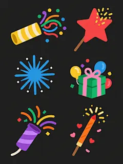 一组6个不同的节日礼花元素的系列插画，保持原扁平化矢量风格，纯色背景，每个元素独立呈现。包含：1. 黄色条纹礼炮筒喷出彩色螺旋彩带和圆点纸屑；2. 蓝色圆形烟花在黑色背景上绽放出多层星形光芒；3. 红色五角星形状的手持礼花，顶部喷射金色亮片；4. 绿色礼盒炸开，飞出粉色蝴蝶结和彩色气球；5. 紫色礼花弹在空中爆炸成放射状的彩色线条；6. 橙色烟花棒迸发出金色火花和红色心形纸屑。所有元素采用相同的明亮配色方案，简洁的线条和渐变填充，保持节日欢快氛围，规整排列成系列素材集合。
