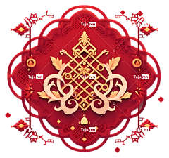 红色圆形框架华丽的花卉装饰圆形图案精心设计的金色色调-红色圆形框架与华丽的金色花卉装饰