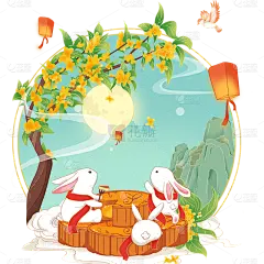 兔子月亮中国风中秋节元素贴纸  