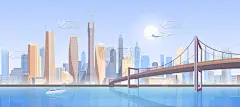 城市桥梁景观矢量插画，卡通平面现代未来都市概念，市中心城市景观与高层建筑摩天大楼