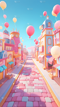 情人节浪漫感3D立体C4D粉色浪漫城市建筑场景背景图片素材