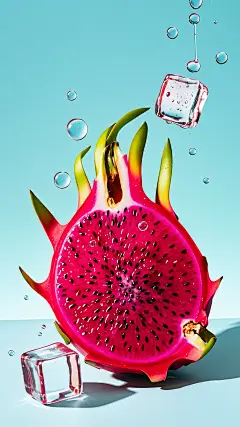火龙果，果肉，红肉，新鲜，冰块，流体，水珠，气泡，静物摄影，海报，冲击力 (21)