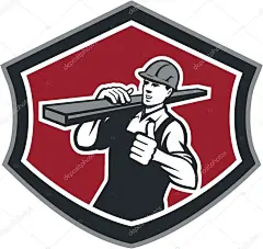插图生成器木匠匠人建筑工人的运载木材木材木材在依竖起大拇指在孤立的背景在复古风格做盾冠形内设置的肩上