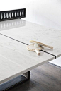 Marble Ping Pong Table. Statuario Macchinetta, polished 9”l x 5’w x 1”d height: 30”