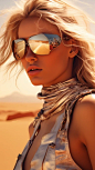 photo of an beautiful woman in the desert the style of realistic hyper-detailed portraits, transparent sunglasses, detailed facial features, hot, dry, heat exhaustion cityscape, metallic ethereal Ian, eye-catching detail, blink-and-you-miss-it-detail,