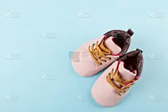 儿童,时尚,粉色,婴儿鞋,蓝色背景,概念,在上面,背景聚焦,可爱的,贺卡