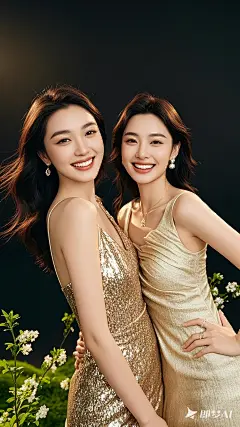 全身拍摄，全身照，彩色光，拍摄，4k,清晰的皮肤纹理，色彩明亮，春天，生命力，穿着金属色色光泽的礼服，笑，亚洲面容，2ge个甜美年轻，医美模特，明亮的眼睛，光泽透亮 (6)