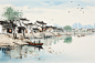 水墨江南水乡插画绘画