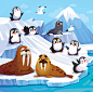 a group of penguins and sea lions on an iceberg