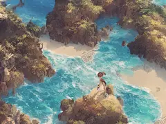 插画海滩壁纸 【酷图网】动漫,插画,海滩,岩石,海洋,氛围感,宫崎骏,大海背景墙,海景,大海高清图,海滩壁纸,蓝天,唯美