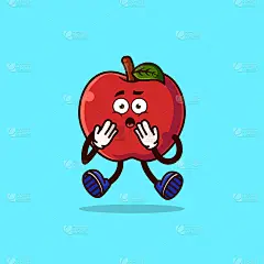 可爱的苹果角色和震惊的手势。水果人物图标概念孤立。Emoji贴纸。平面卡通风格