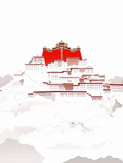 布达拉宫被白色浓雾包围，佛教禅宗平面插图海报
