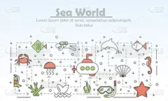 线条画,海洋公园,水下,轮廓,可爱的,艺术,度假,游泳