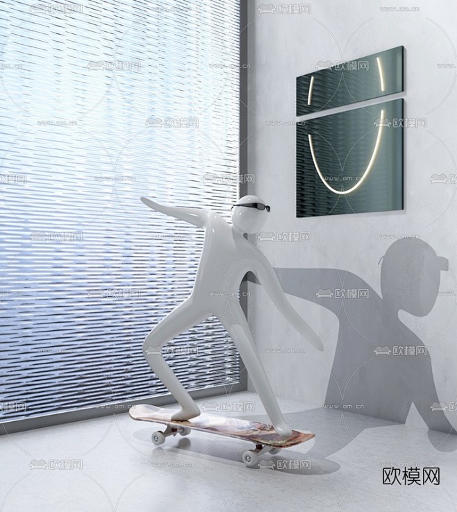 现代艺术人物滑板雕塑3d模型