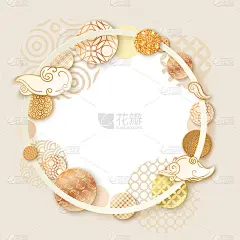 金画框与日本波浪图案，纸艺术小册子，卡片模板或背景时尚东方几何风格，中国东方装饰，金属，闪光，时尚矢