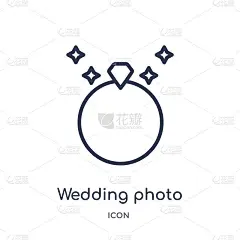 线性婚礼照片图标从生日派对大纲收集。细线婚礼照片矢量孤立在白色的背景。婚纱照片时尚插画