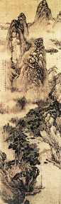 山水图王建章：生卒年不详，明末清初时人，字仲初，号砚墨居士，福建泉州人。山水宗董源，笔力雄健，摹古功力深厚。善写生，花卉、翎毛为一时绝艺。生性耿方，不轻易落笔。善写佛像，自谓不让李公麟。山水宗董源，笔力雄伟，有不可羁勒之概。恽道生谓其“墨有五采，非世人所知”。