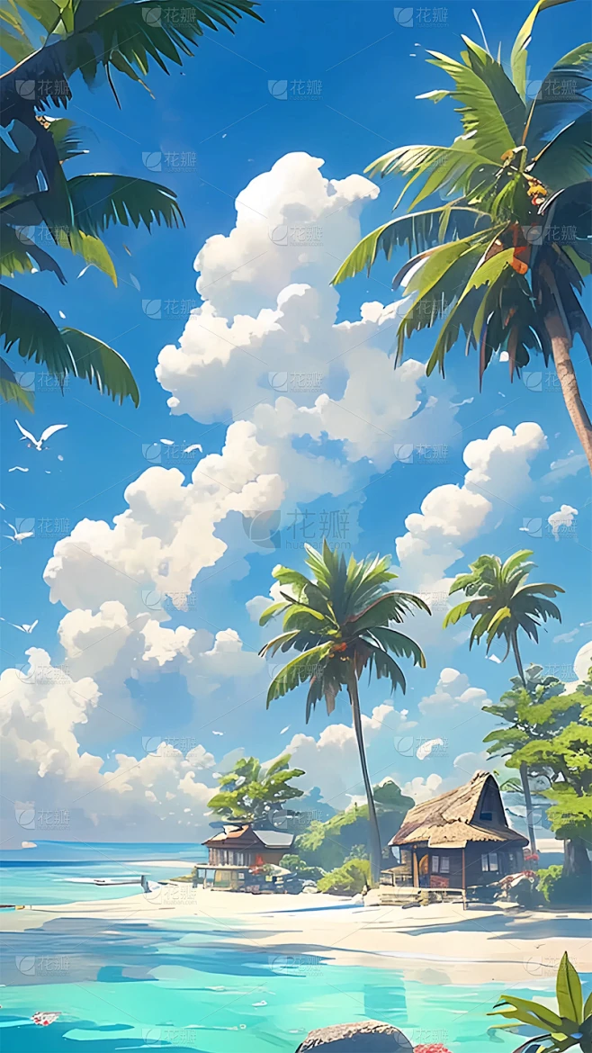 夏日通用背景动漫风海边椰子树