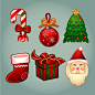 6款精美圣诞装饰图标矢量素材，素材格式：AI，素材关键词：圣诞节,圣诞树,圣诞吊球,拐棍糖,圣诞袜,圣诞老人