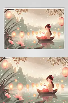 数字艺术中元节清明节放河灯古风人物插画