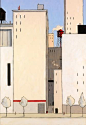 This may contain: a painting of some buildings and trees in the foreground with a red fire hydrant on top