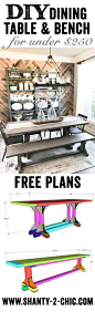 Build the entire dining set - Table and bench for under $250! Free plans at www.shanty-2-chic.com