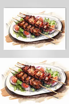 AI数字艺术手绘烤肉烤串烧烤插画-众图网