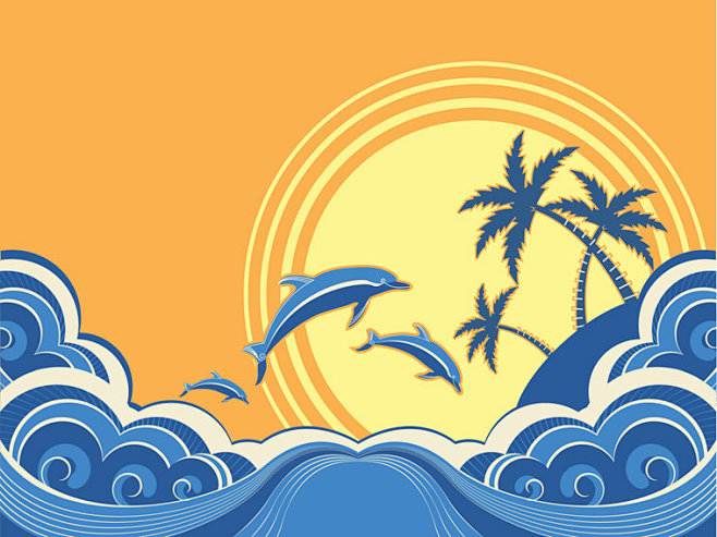 复古波浪波纹海浪和月亮太阳矢量背景图平面...