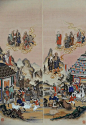 第四十九幅　四州・西。西は牛貨洲と云う。　、『新図五百大羅漢記』に「牛馬・珠玉市易資生す」とあり、その内容が描かれる。