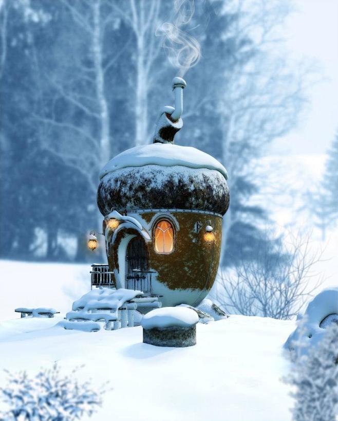 冬季景观中的一个童话般的橡树房子，童话插...