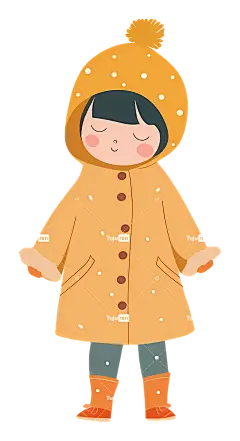 穿雨衣的小女孩冬季时尚年轻女孩卡通人物黄色外套—穿冬衣的女孩闭着眼睛祈祷