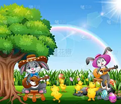 可爱的小兔子在小妞们的簇拥下弹着吉他放松自己