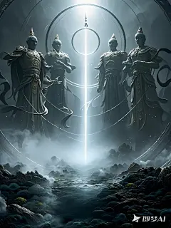 科幻海报设计，英文科技史诗感标题：“NE-ZHA”，梦核元素，暗色系，史诗级宏伟巨作，宏大场景，外星文明，黑神话悟空，气势汹汹正飞向镜头，四大天王俯视图看着，水墨圆环残影，主体朦胧模糊，磨砂半透明，诡