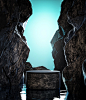 Photo podium product display stone cliff rock landscape 3d render blue light