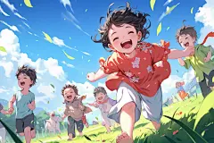 春游蓝天秋游奔跑孩子插画图片